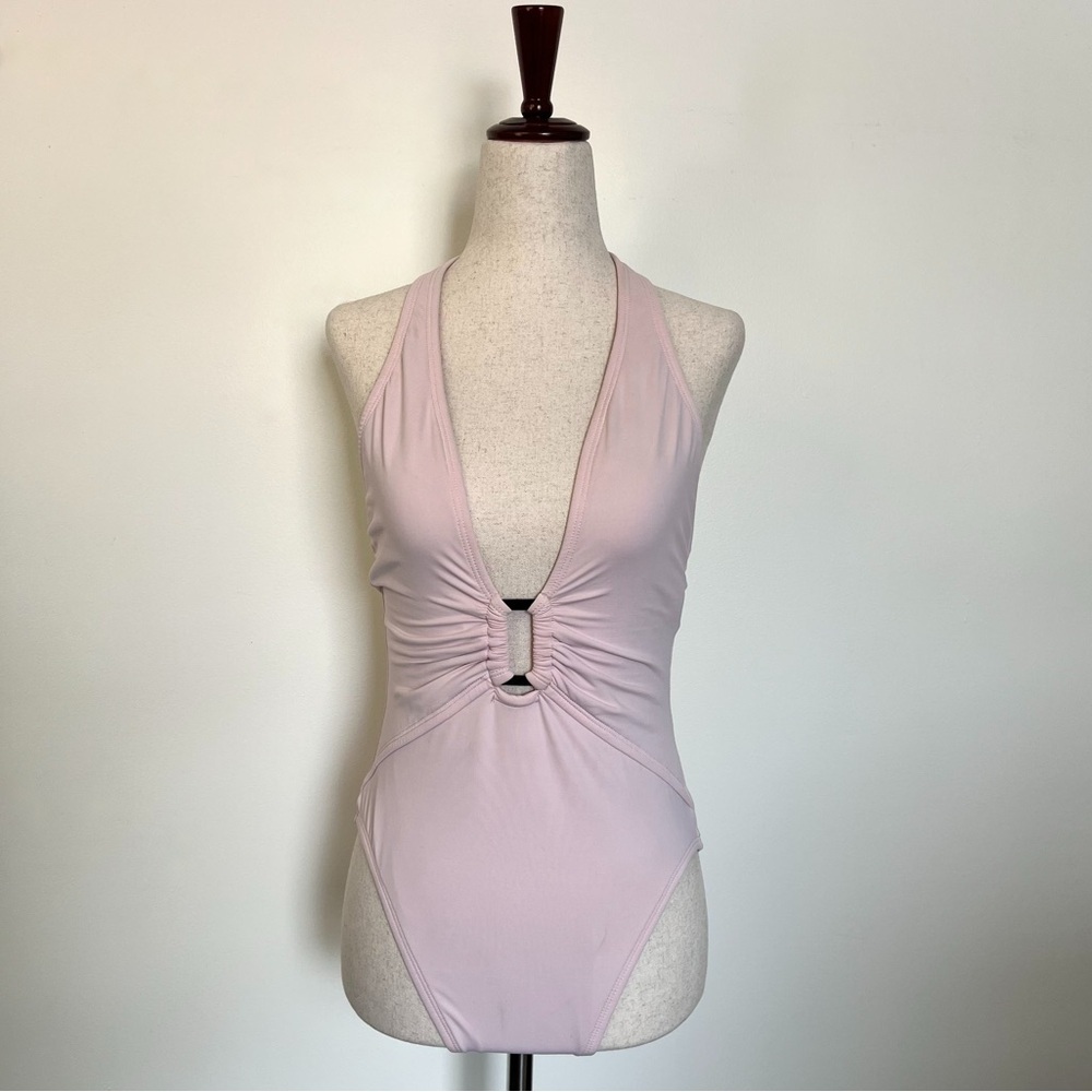 Anne Cole Light Pink Plunging Halter O-Ring One Piece Swimsuit Size 10